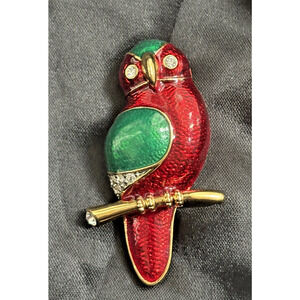 Vintage Enamel Bird Brooch Pin Green & Garnet Enamel With Rhinestones Accent 2"